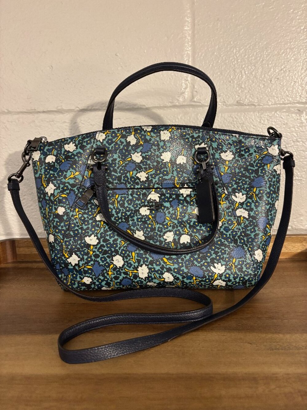 Coach Prairie Navy Blue Teal Floral Print Leather Satchel